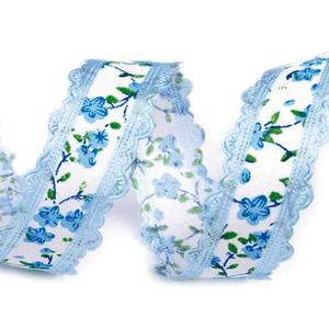Motivband Blumen blau mit Bordüre 25 mm